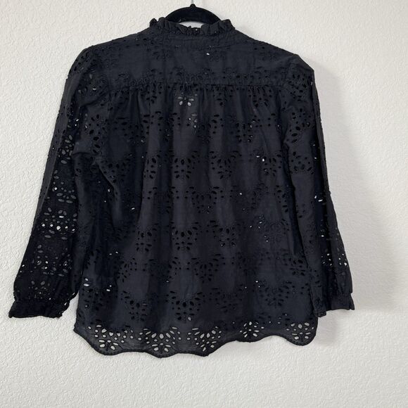 Catherine Malandrino Cotton Black Ruffle Collar V Neck Eyelet Woven Top Size M - Picture 2 of 6
